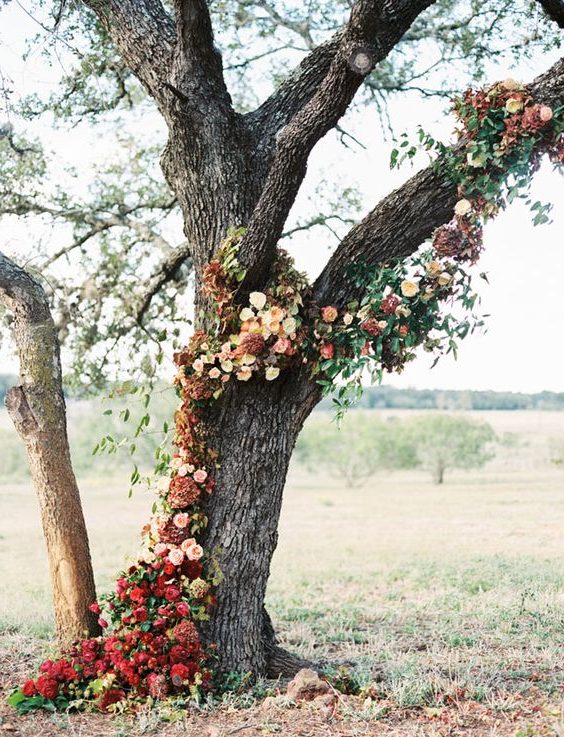 fall burgundy red flowers wedding tree backdrop