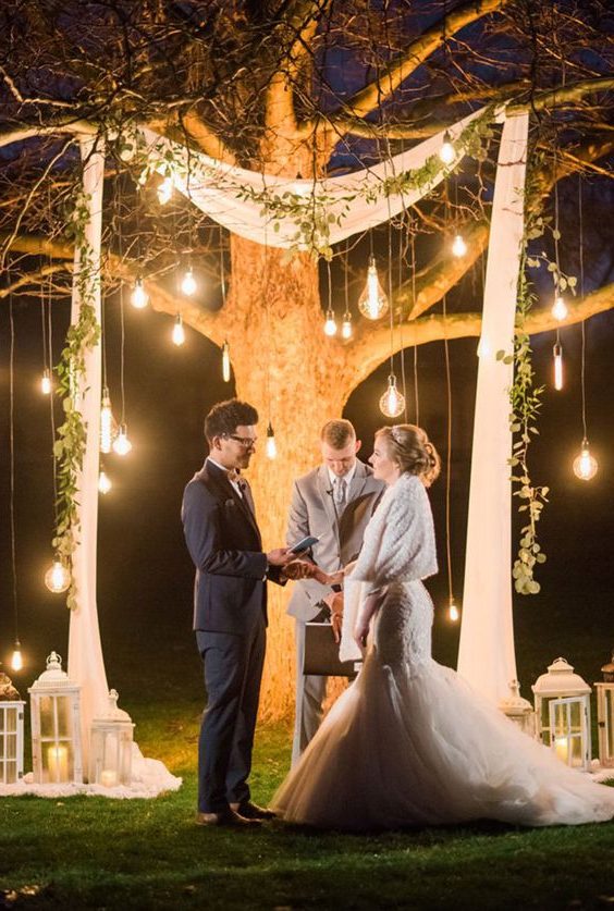 tree wedding backdrop with hanging edison light bulbs, fabric curtain and greens