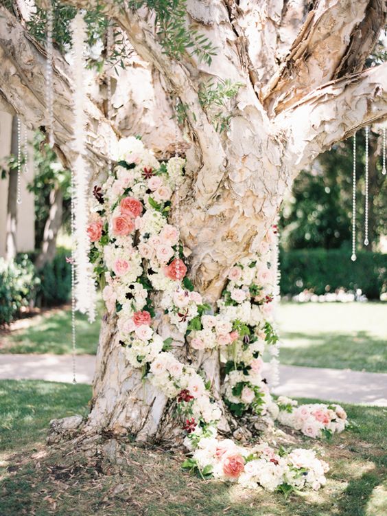 vintage pastel flowers spring wedding tree backdrop