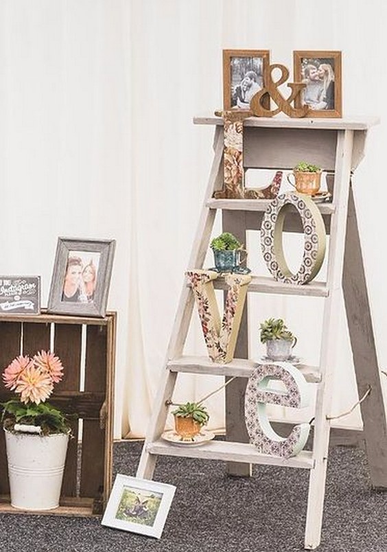 Vintage Wooden Step Ladders Wedding Prop with Love Sign & Tea Cups Filled with Succulents