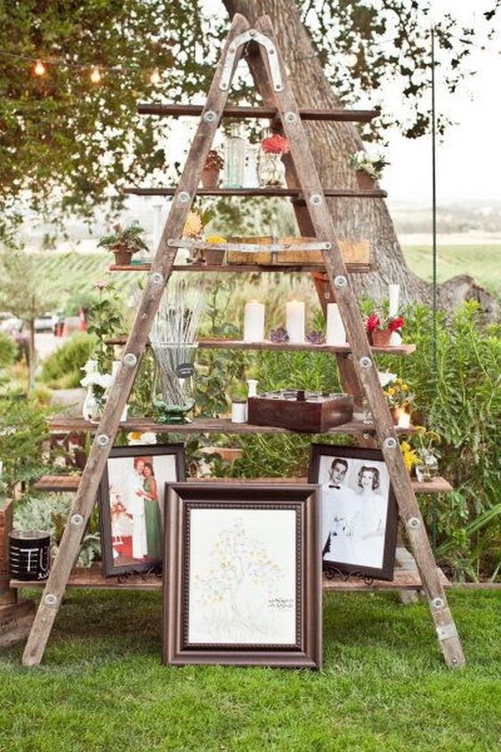 old photos, sparklers, candles, vintage ladder wedding decor