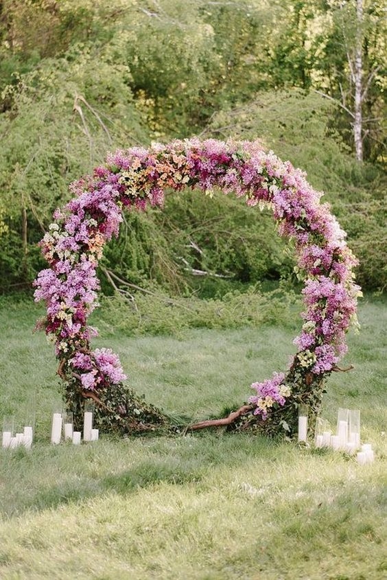 purple flower wreath wedding arch ideas