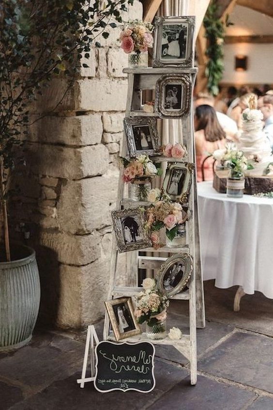 vintage ladder filled with family photographs