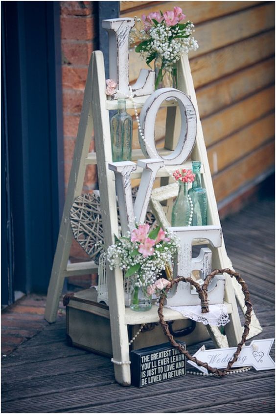 vintage white ladder wedding welcomr sign