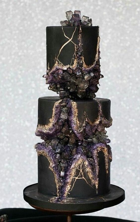 Black geode cake with purple, grey crystals