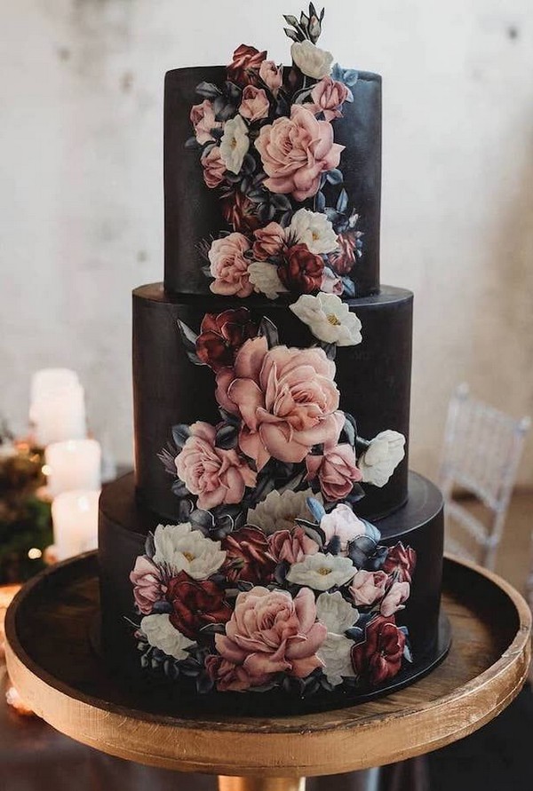 Black moody modern wedding cake with blush and burgundy floral pattern
