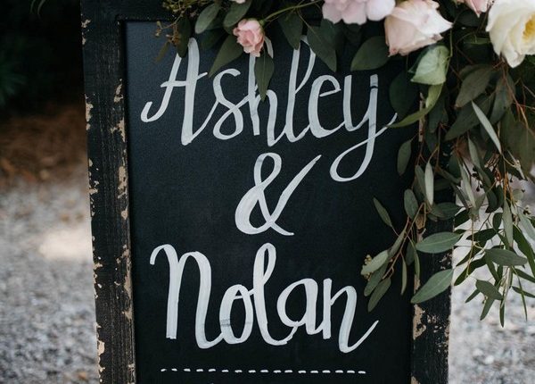Black wedding reception signage, soft light pink florals, leafy greens