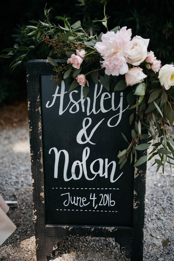 Black wedding reception signage, soft light pink florals, leafy greens