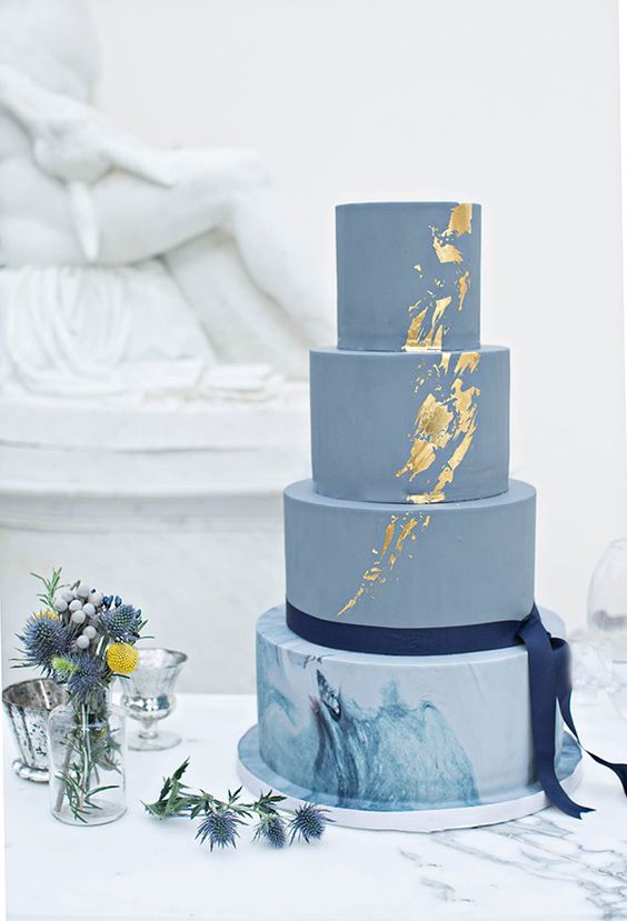 Metallic Dusty Blue Marble Wedding Cakes