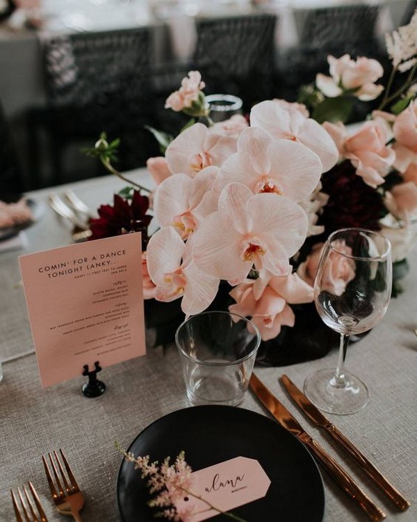 Modern Blush Orchid and Black Wedding Table Ideas