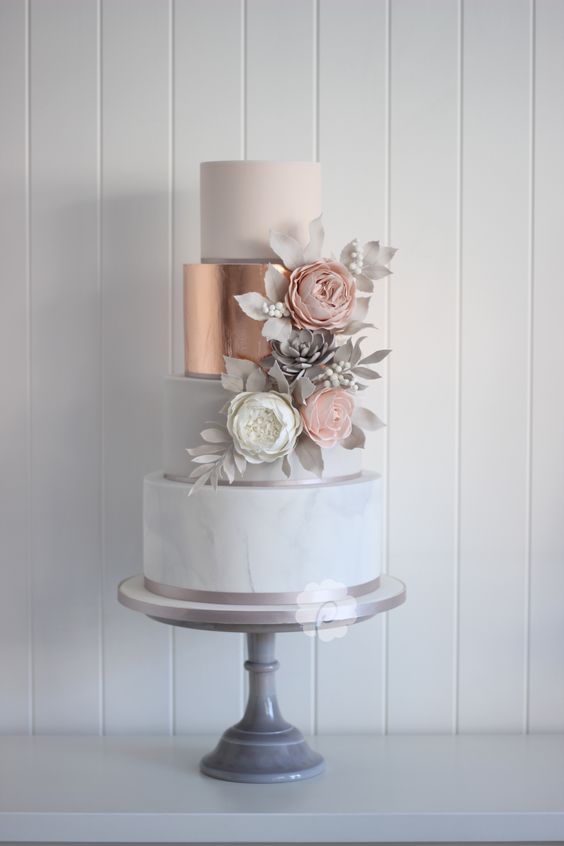 Modern rose gold marble wedding cake with sugar flowers and succulents