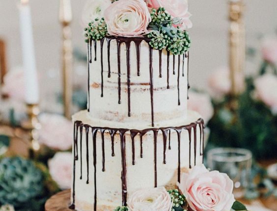 Naked Wedding Cake with Chocolate Drip and Rose