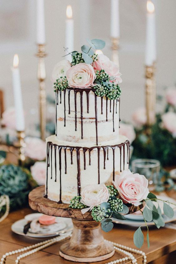 Naked Wedding Cake with Chocolate Drip and Rose
