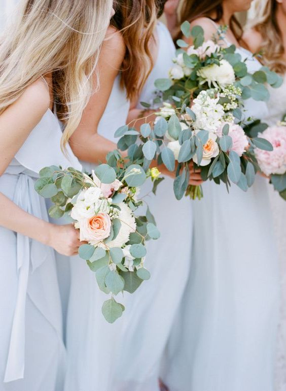 Rustic eucalyptus, garden rose and peony wedding bouquets