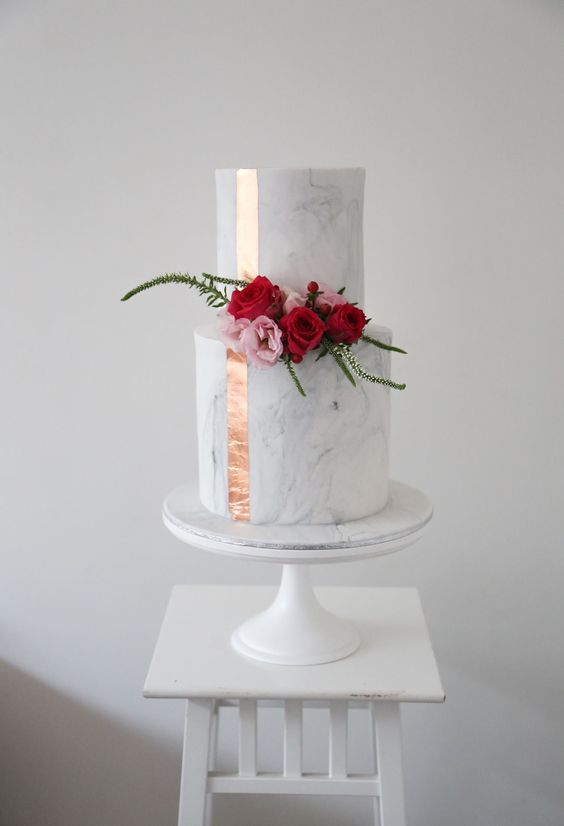 Sweet Bakes Mable Wedding Cake with Copper Stripe & Flower Decor