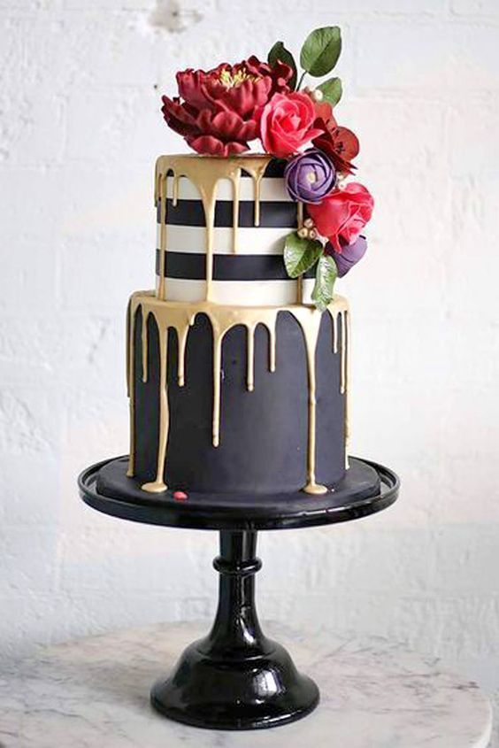 black and gold drip wedding cake