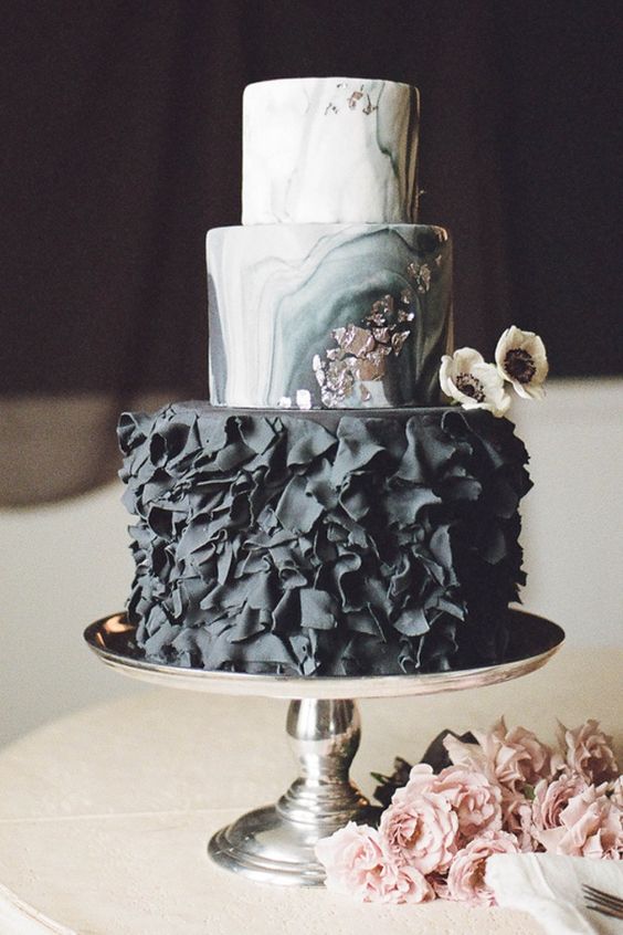 black ruffled wedding cake