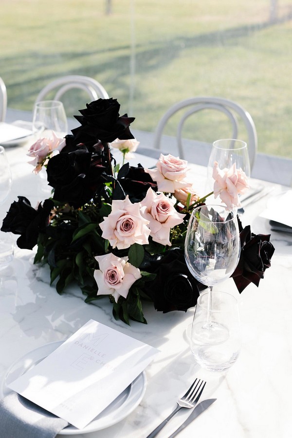 blush and black quicksand roses as table centerpieces