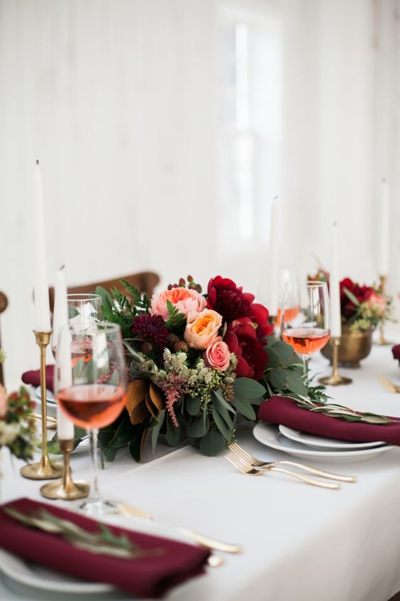 blush peach burgundy wedding centerpiece