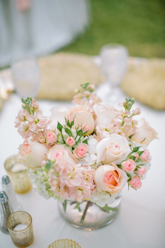 blush pink roses and hydrangeas wedding centerpiece