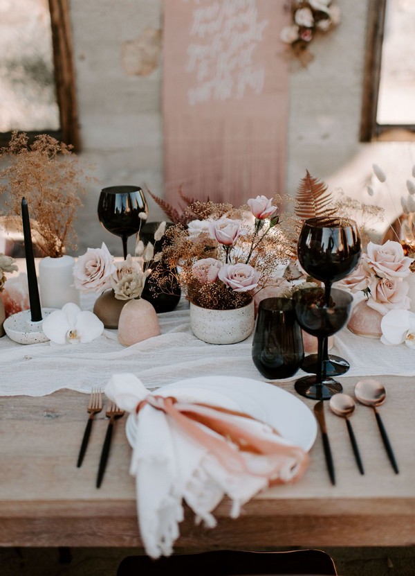 boho blush and black wedding table decor idea
