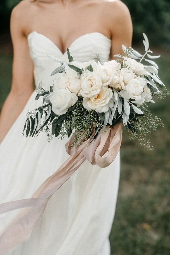 bouquet of roses tied with hand dyed silk ribbon