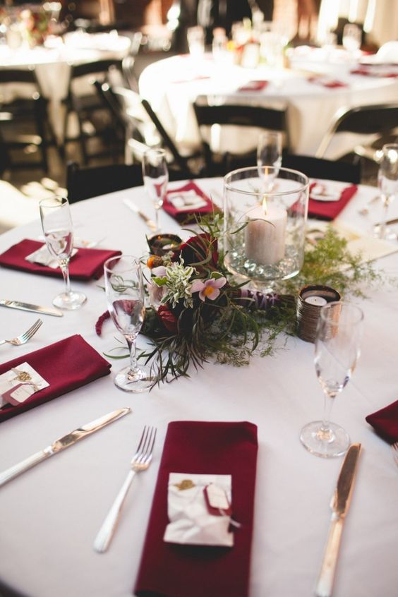 burgundy and greenery wedding centerpiece