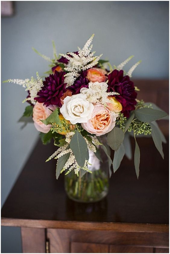 burgundy, white and peach wedding centerpiece