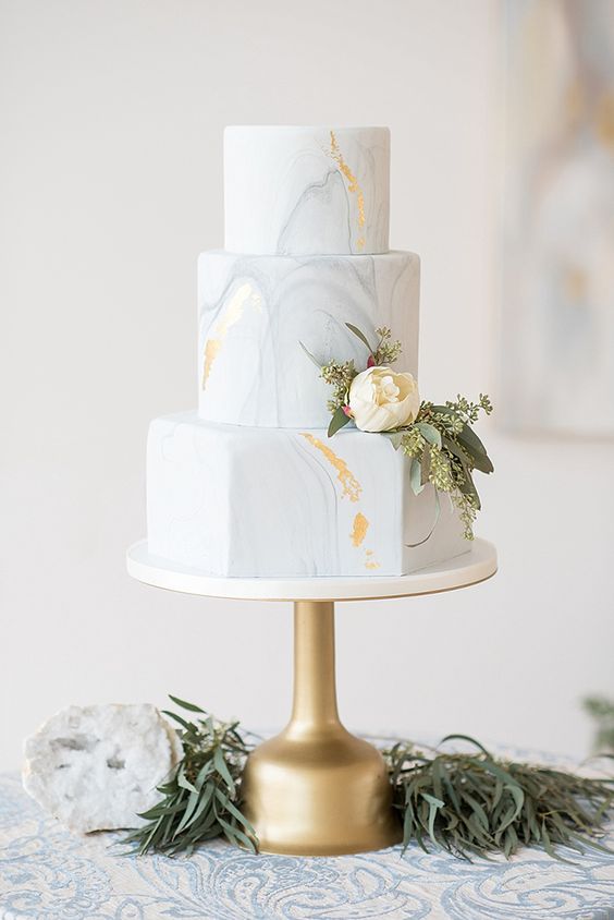 elegant blue and white marble wedding cake