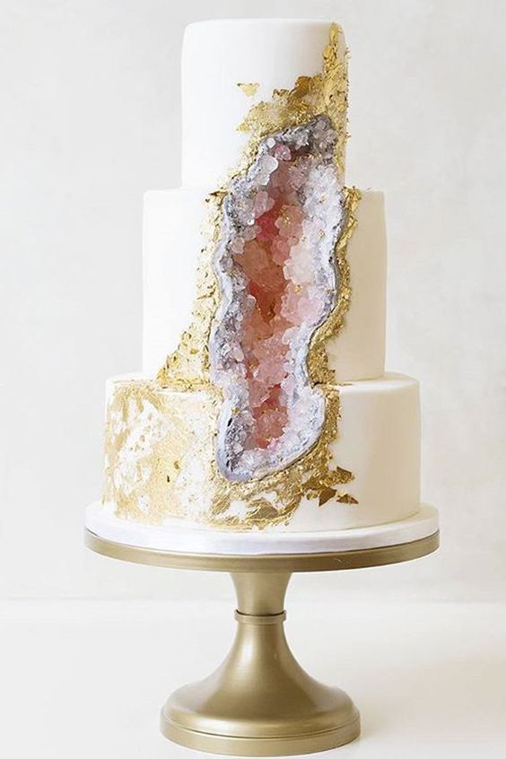 gold and pink geode wedding cake