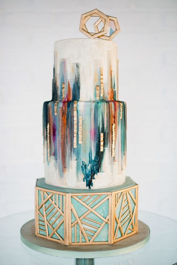 green watercolor geo wedding cake