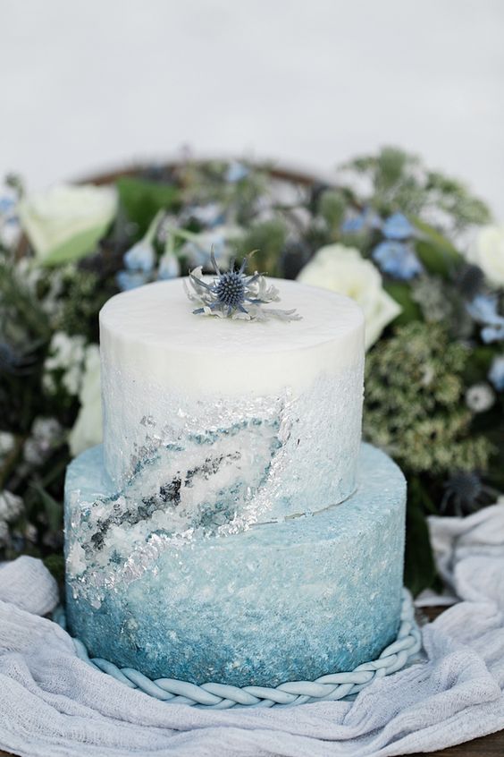 light blue winter geode wedding cake