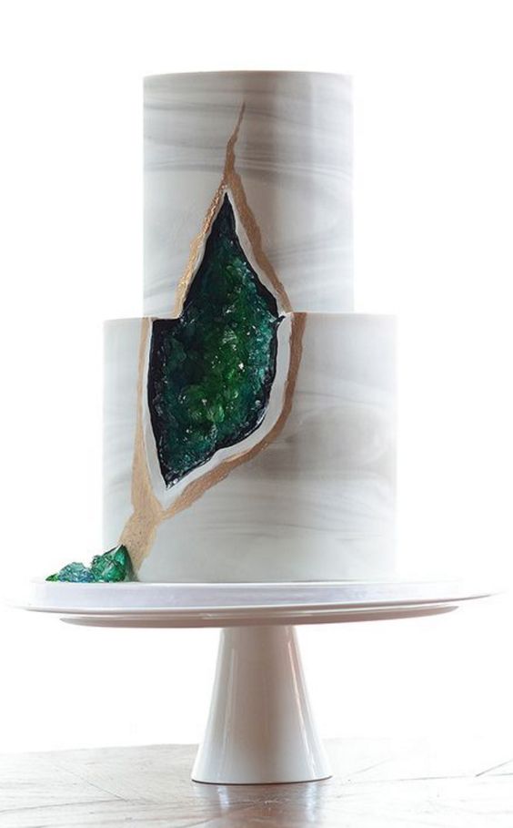 marble and green geo wedding cake