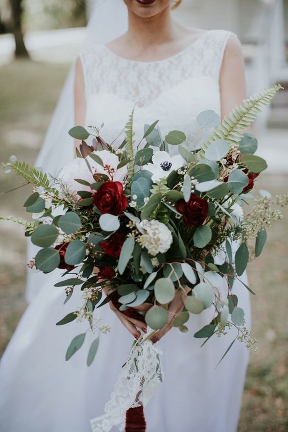 marsala, ivory, and matte green wedding bouquet