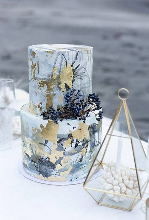 metallics and blues seaside marble wedding cake