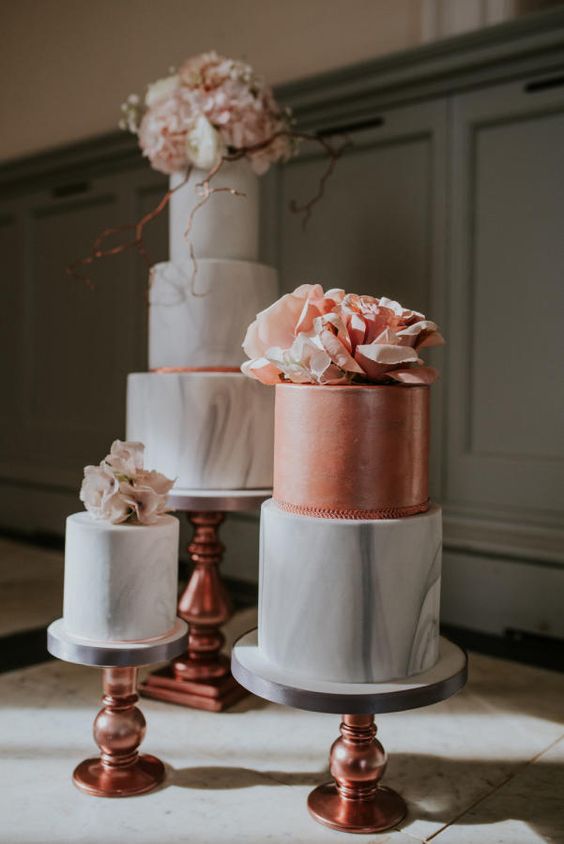 peach orange and grey marble wedding cakes