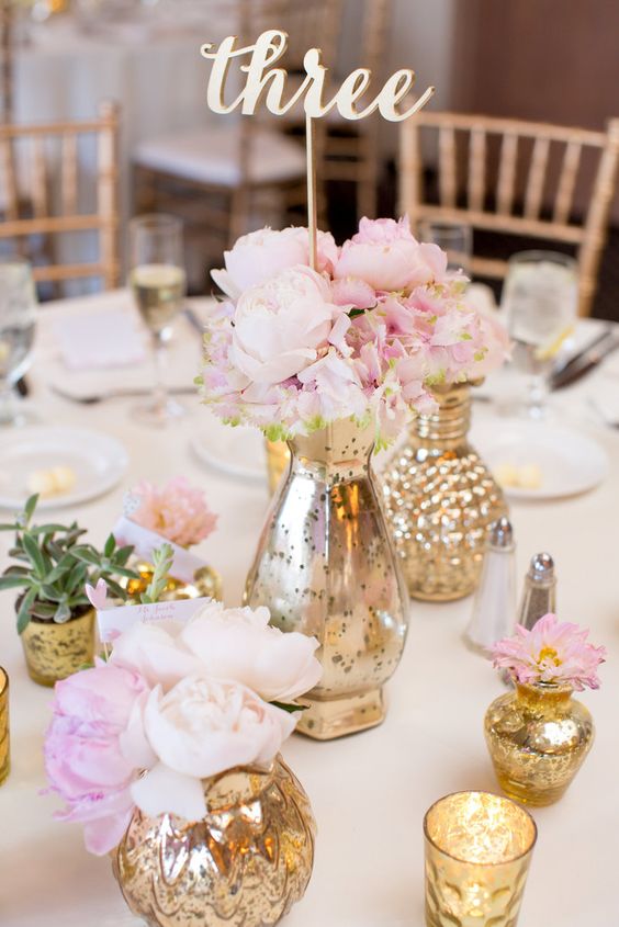 pink and gold wedding centerpiece