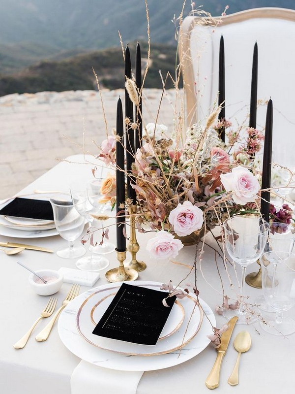 rustic fall blush and black wedding table idea