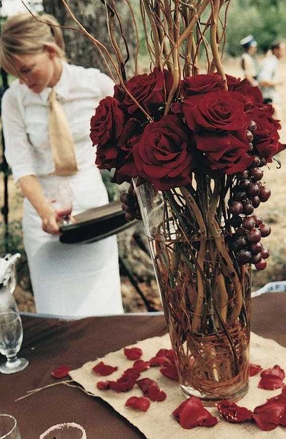 rustic fall burgundy tall wedding centerpiece