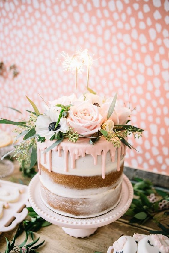 rustic pink drip wedding cake