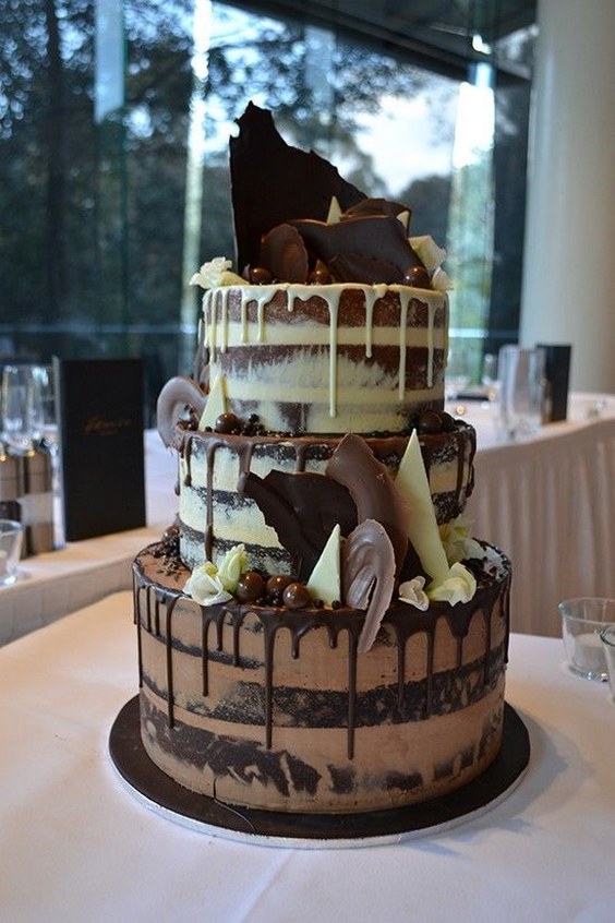 white and milk chocolate drip naked wedding cake