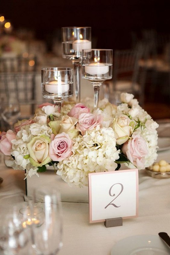 white hydrangea and blush roses wedding centerpiece