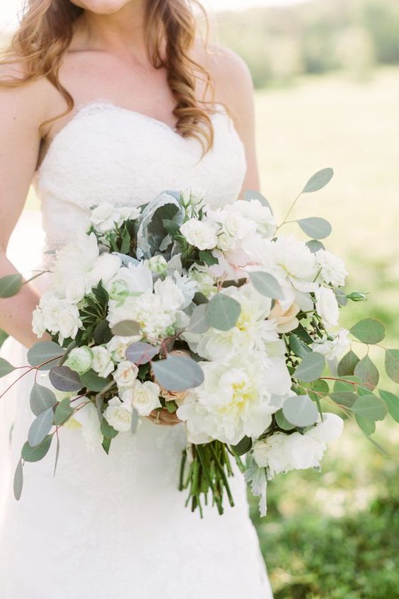 white peony and eucalyptus wedding bouquet