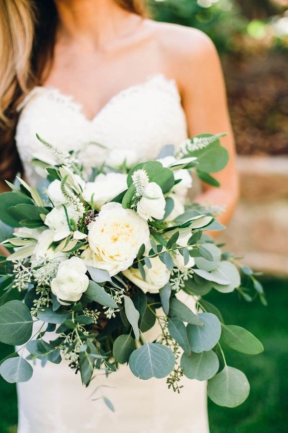 white roses and eucalyptus wedding bouquet