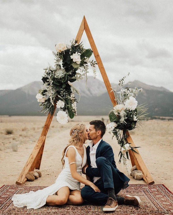 Boho Greenery and White Triangle Wedding Alter 6