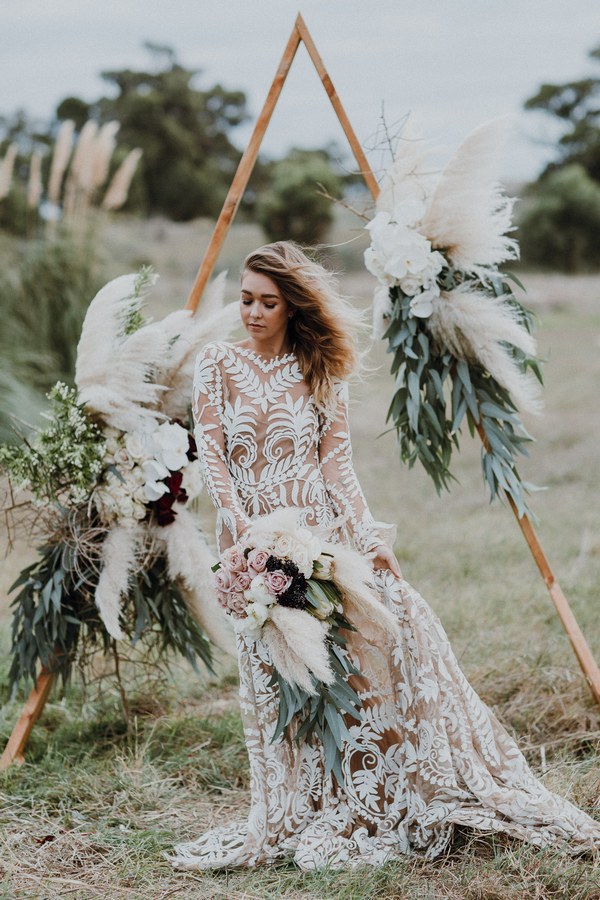 Boho Sage Green Wedding Arch with Pampas Grass Details