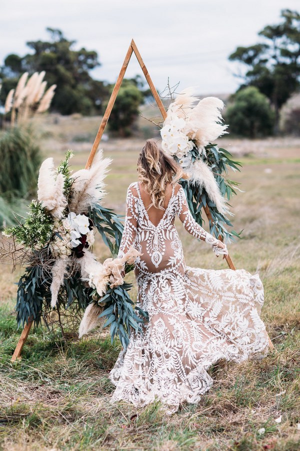 Boho Sage Green Wedding Arch with Pampas Grass Details