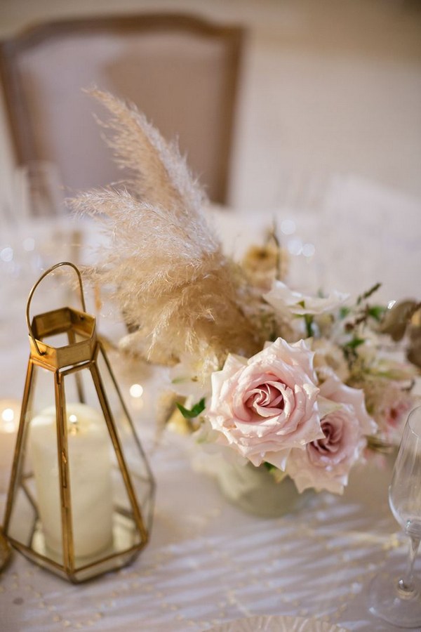 Feathery pampas grass and roses by Bows + Arrows Wedding Centerpiece