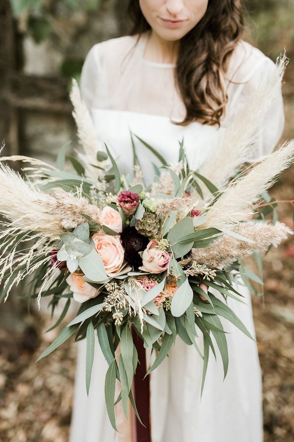 Flowers Bouquet Oxblood Peach Rose Pampas Grass Greenery Velvet Ribbon