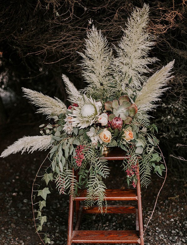 Pampas Grass and greenery eucalyptus and succulent wedding decor idea